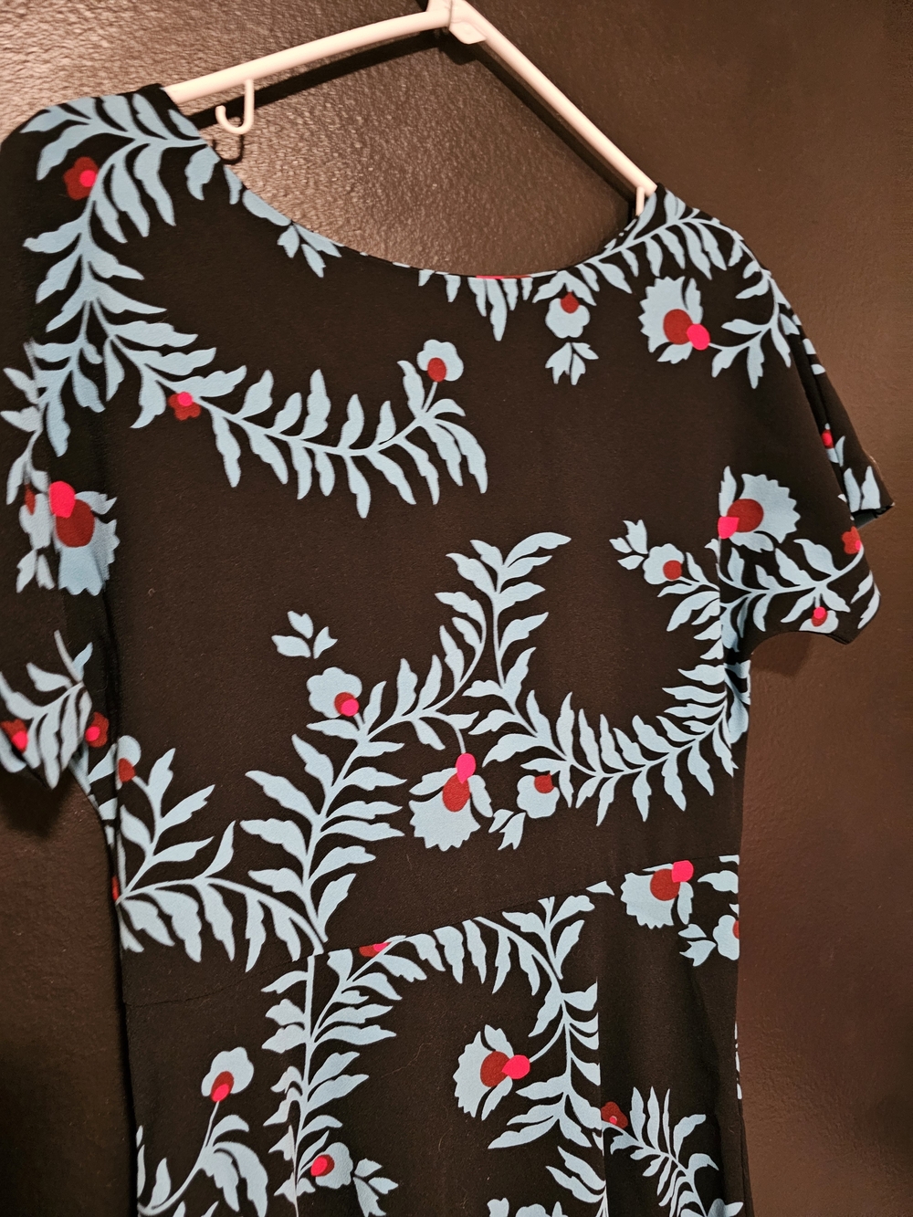 Boden Black Midi Dress with Light Blue Vine Print and Red Floral Accents - Picture 2 of 12
